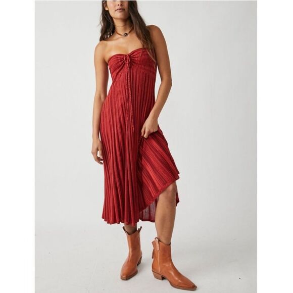 Free People Red Pleated Convertible Maxi Skirt Midi Dress Boho Beach Festival - Picture 1 of 12